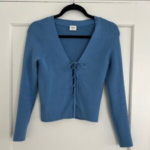 Blue Ribbed Long Sleeve Front Lace Up
